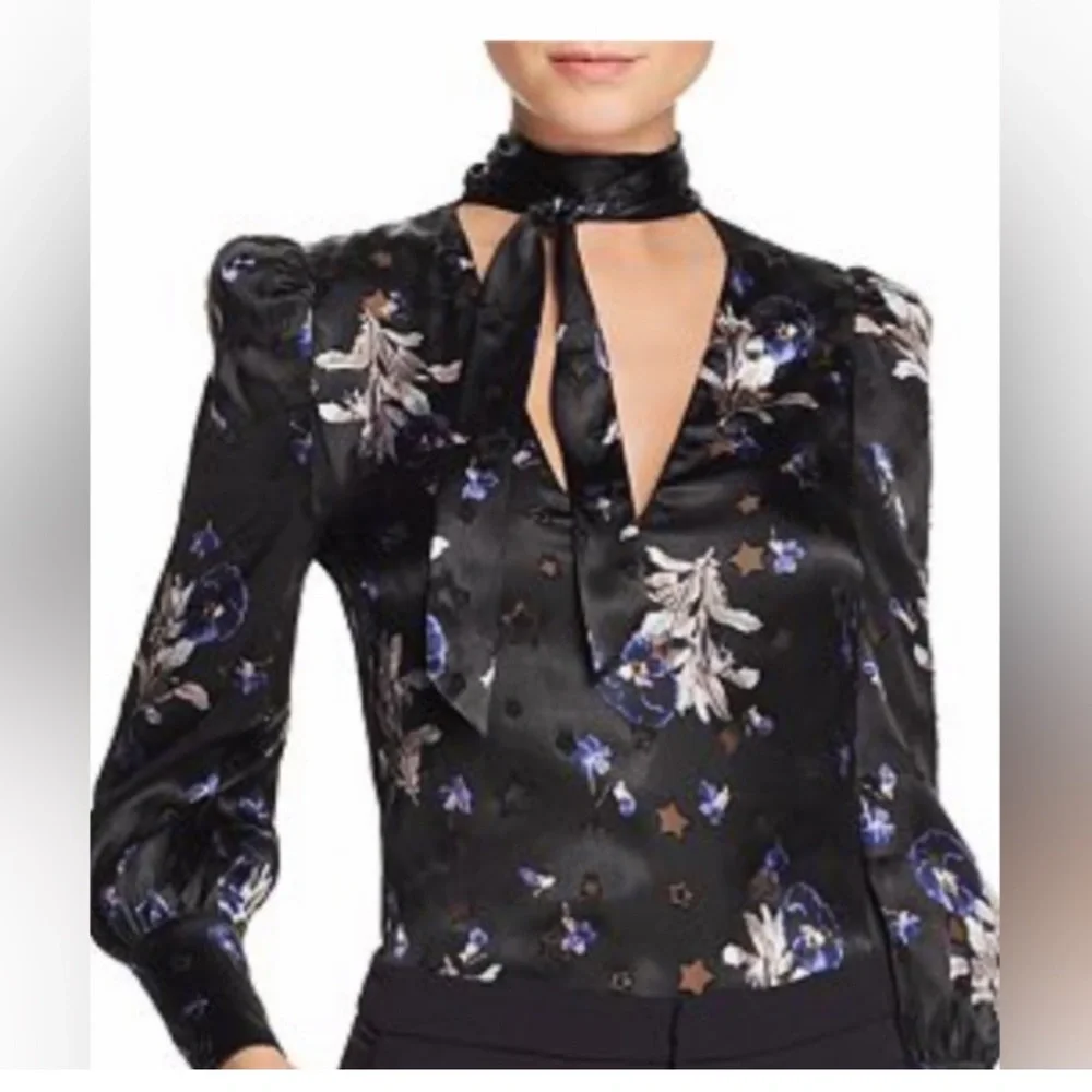 Rebecca Taylor Satin Burnout Scarf Neck Top - Violet Floral Size 4 - Picture 5 of 14